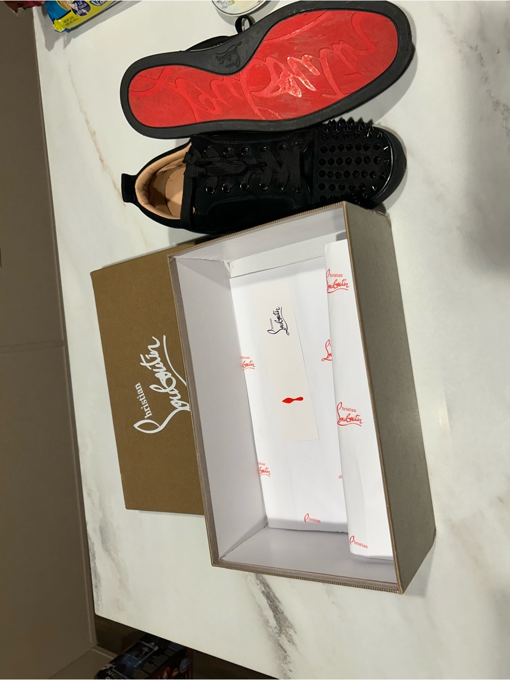 Christian Louboutin Black Leather Spike-Stud Sneakers with Red Sole